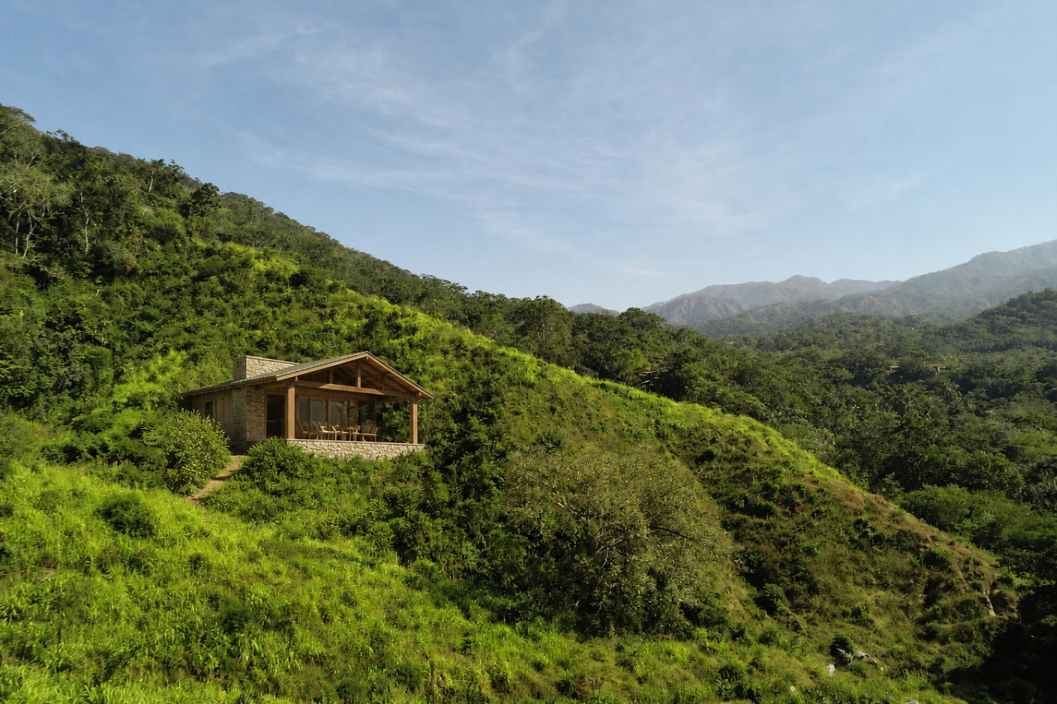 Visualización conceptual de una cabaña sobre la ladera