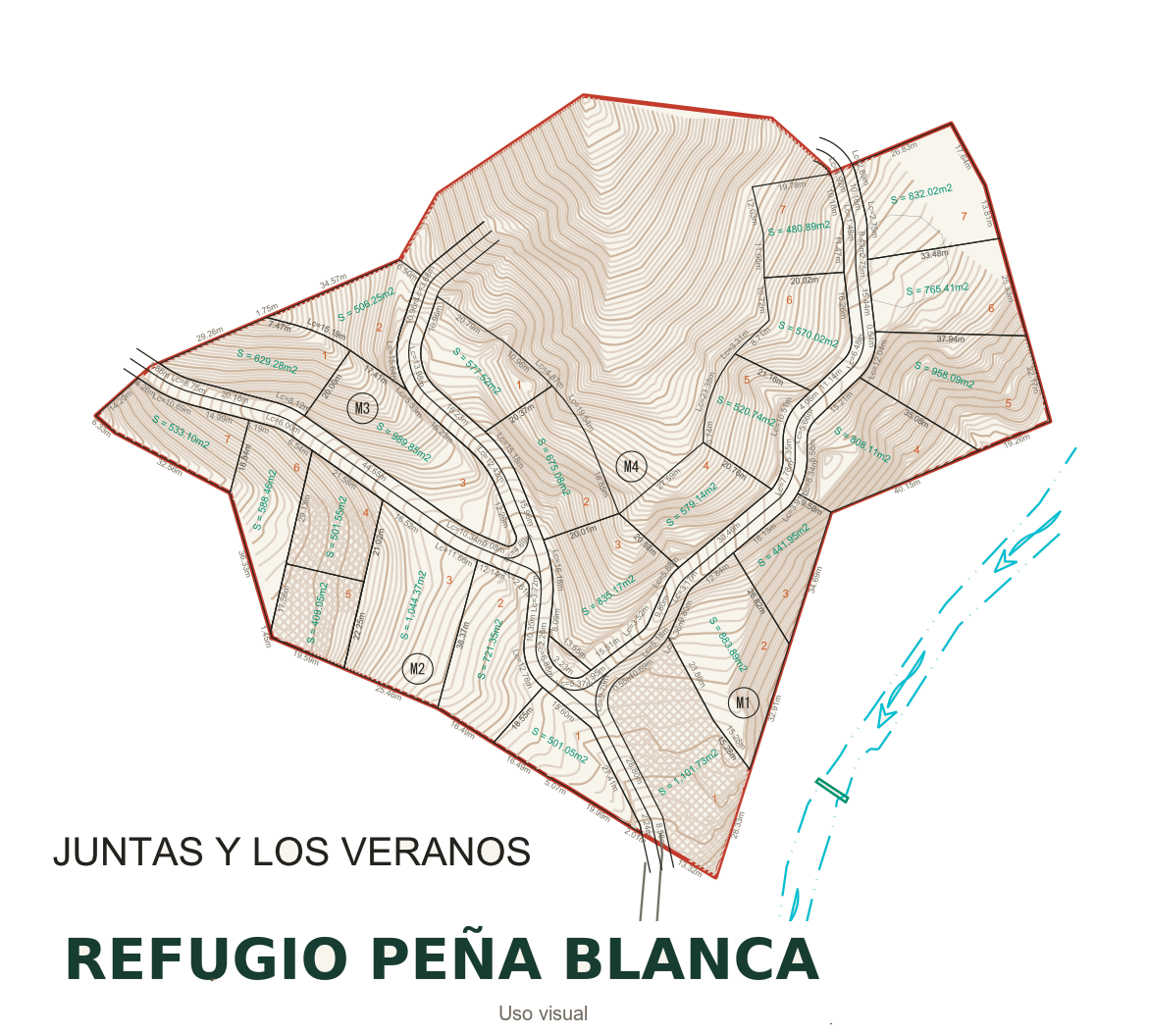 Plano de lotificación con curvas de nivel de Refugio Peña Blanca